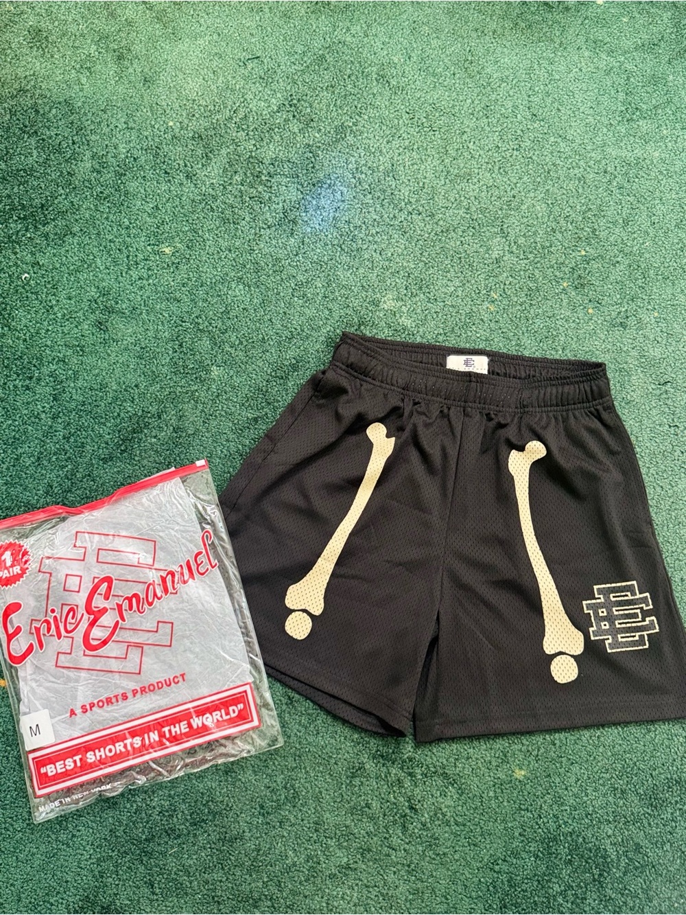 Eric Emanuel Black Athletic Shorts with Gold Bone Graphics